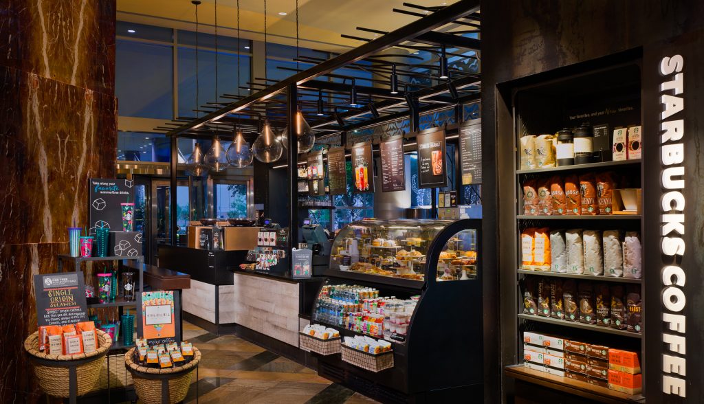 Starbucks store designers use accent lighting can help highlight products