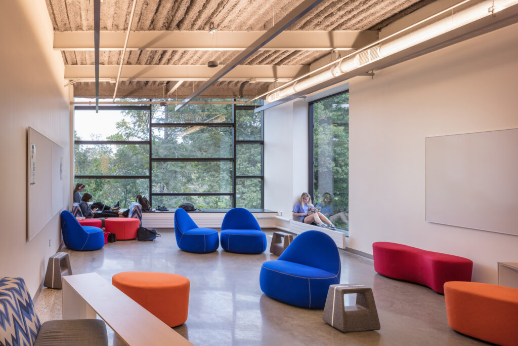 Uplighting was used in this lobby to highlight the exposed beams of the ceiling