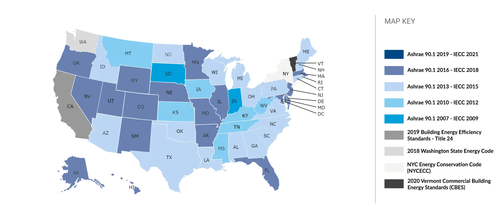 U.S. map showing energy regulation policies by state. Many states still follow IECC 2015 standards, next year the DoE will require states to meet 2021 standards