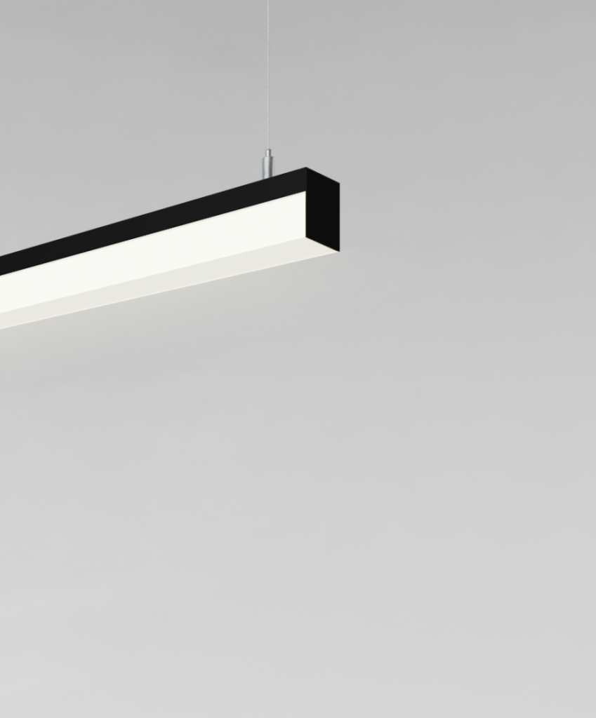Product rendering of the 12100-8-P linear pendant light by Alcon Lighting, shown with a black finish