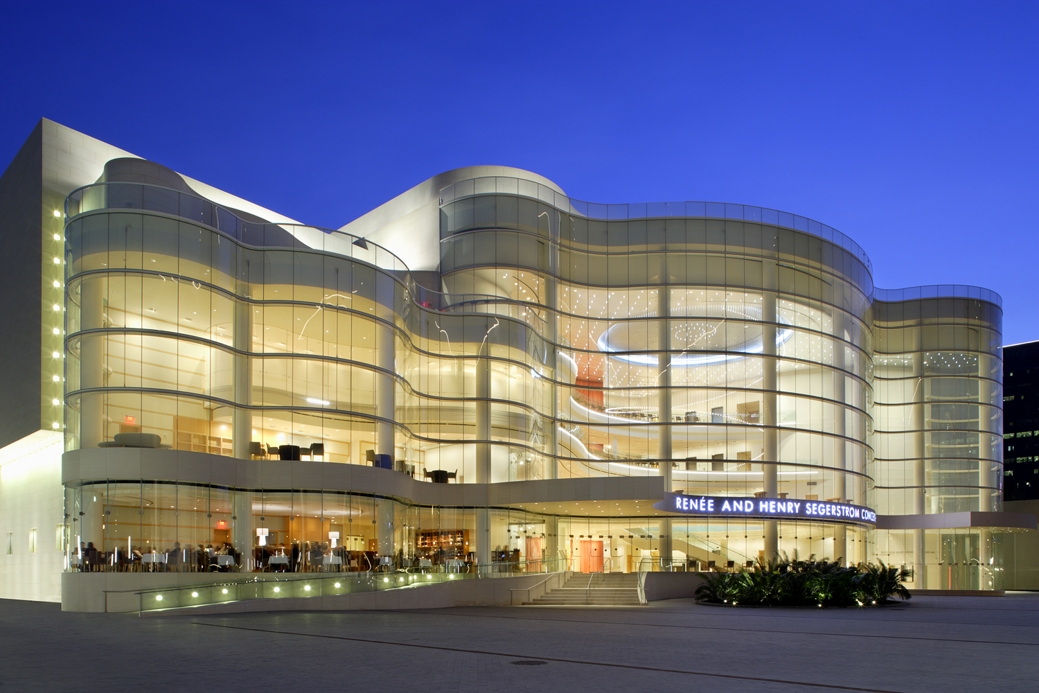 Exterior shot of the Segerstrom Concert Hall at dusk.