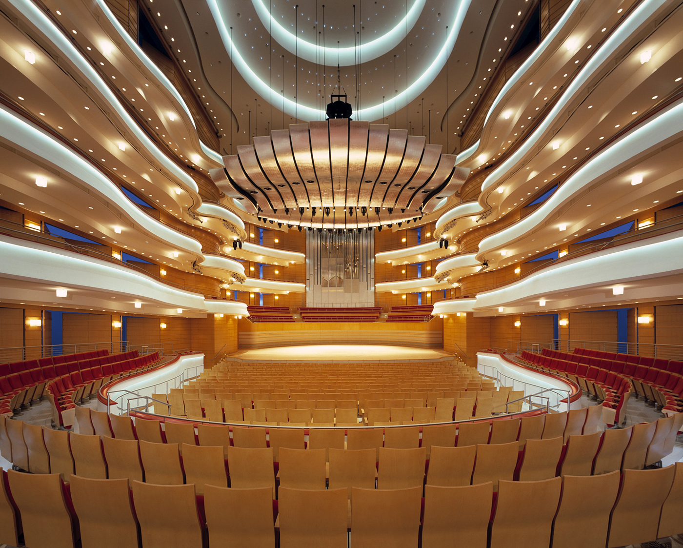 Illuminated balconies of the Segerstrom Concert Hall.