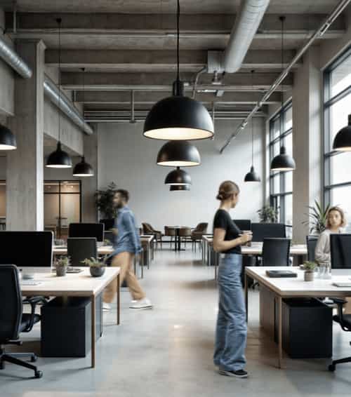 Application of the 15240-16 low bay LED dome pendant light in a warehouse converted to a modern office space.
