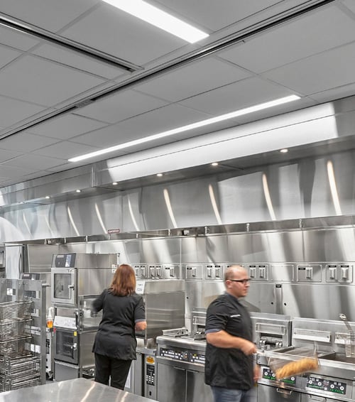 Industrial kitchens need high-performance, high CRI lighting for visibility with enhanced color rendering with fixtures that can withstand the demands of commercial kitchens.