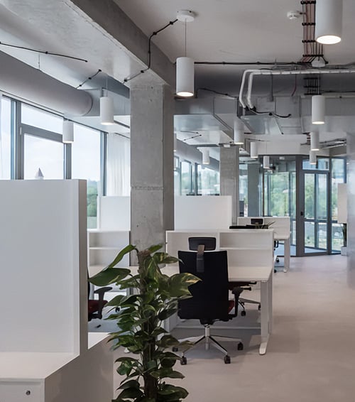 White cylinder pendant downlights offer general lighting in an office converted from a warehouse.