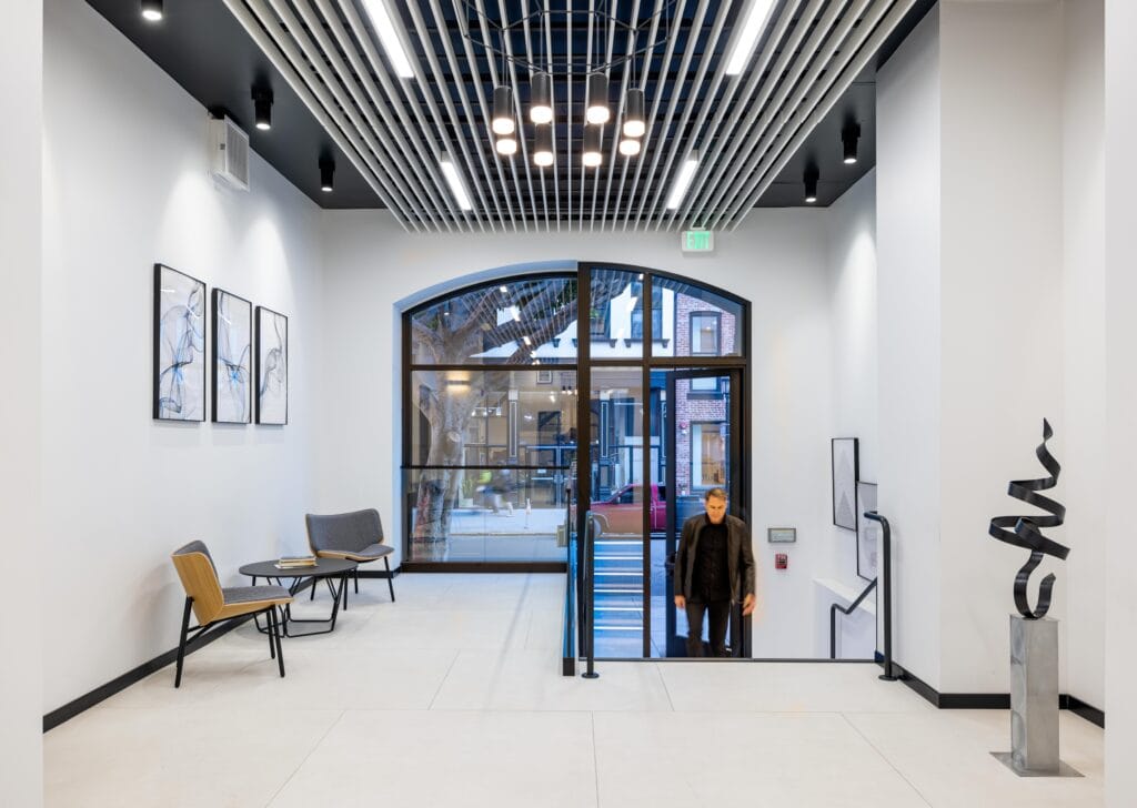 Cylinder lights, as pictured in this office lobby at 735 Montgomery Street, are aesthetically beautiful and give off good light, according to Perris Weber
