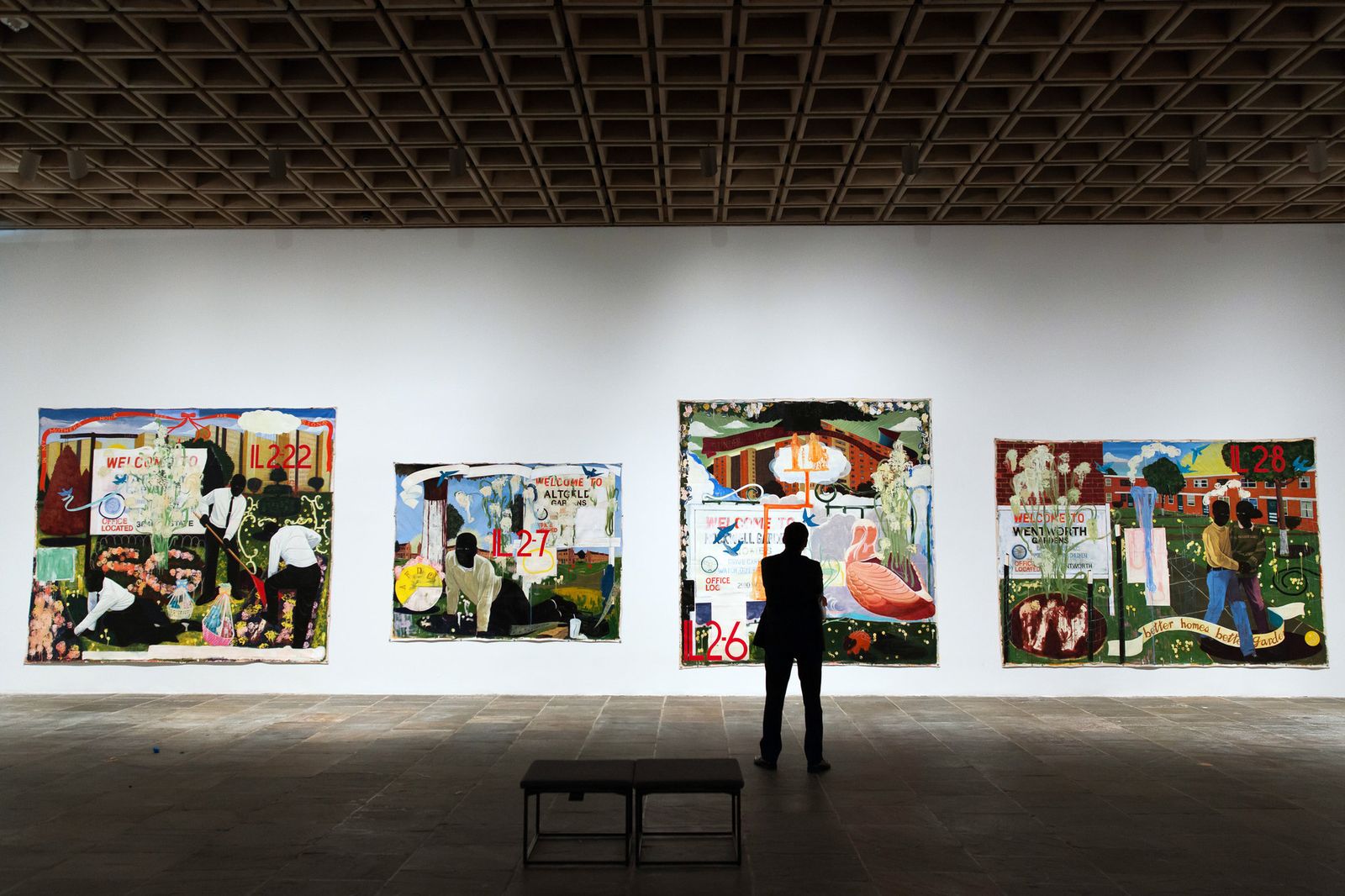 This image shows a museum visitor viewing Kerry James Marshall's art which is brightly lighted with LED art lighting