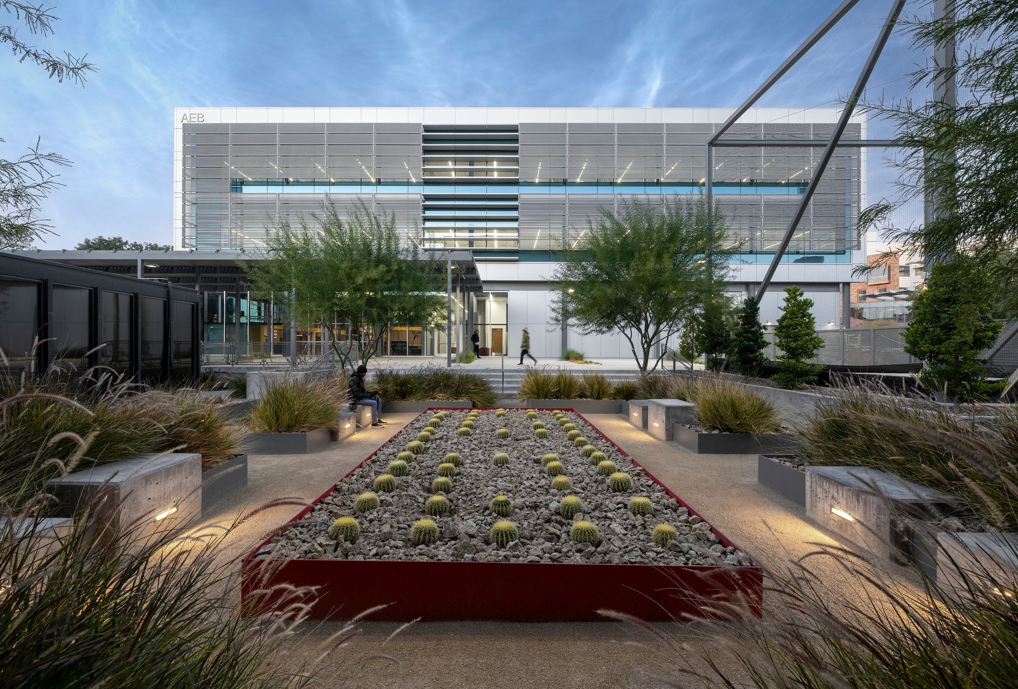 Linear step lights illuminate a hardscape around a cactus garden in front of a corporate office.