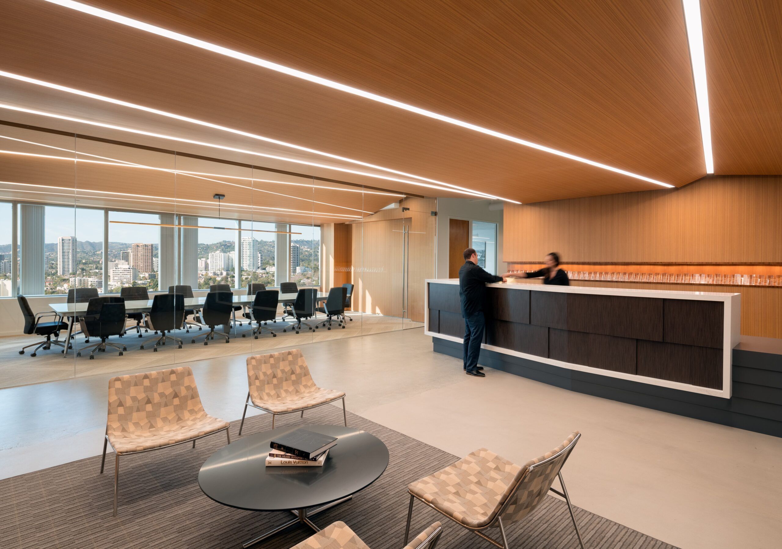 Perris Weber explained that Alcon Lighting was ahead of the curve in anticipating the rising popularity of linear lighting, as pictured in this office lobby