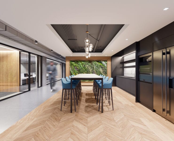 A break area in an office spec suite introduces natural materials and a green wall