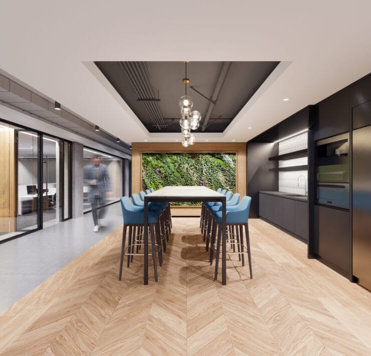 A break area in an office spec suite introduces natural materials and a green wall