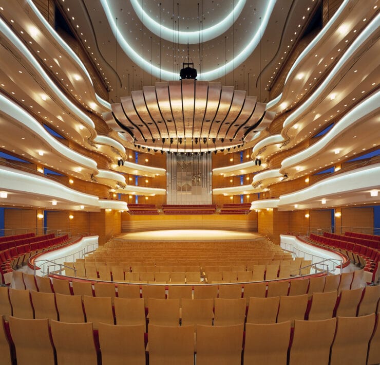 Interior view of the Segerstrom Concert Hall. The lighting was designed by Francesca Bettridge.