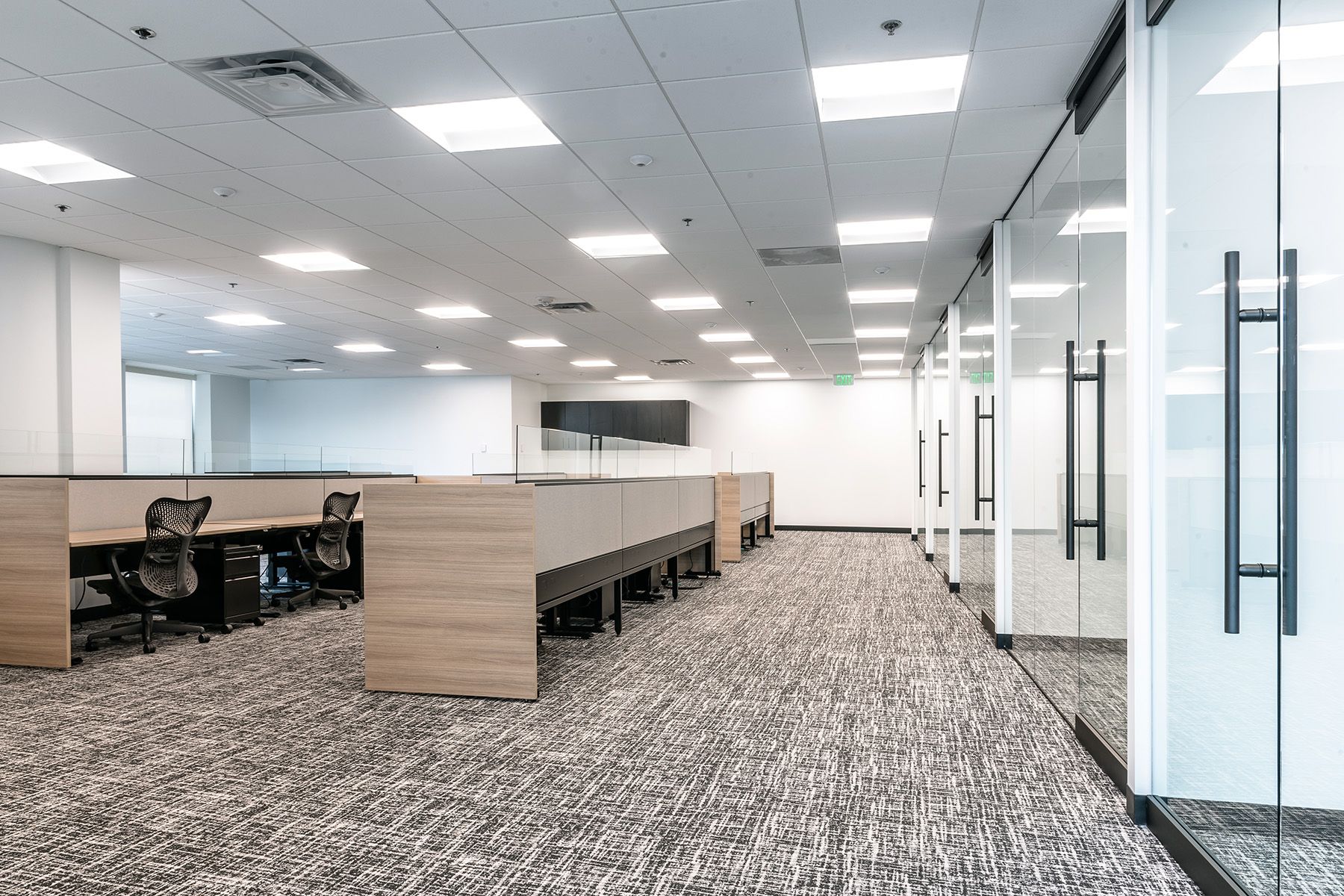 Center basket troffer lights illuminate open floor plan office area while minimizing glare over desks at the Tabor Center in Denver, Colorado