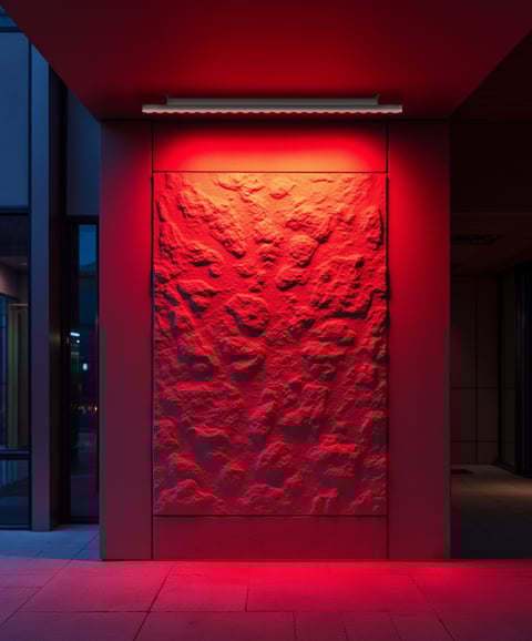 Application of 11245-RGBW color-changing LED ceiling light illuminating a textured wall in vibrant red.