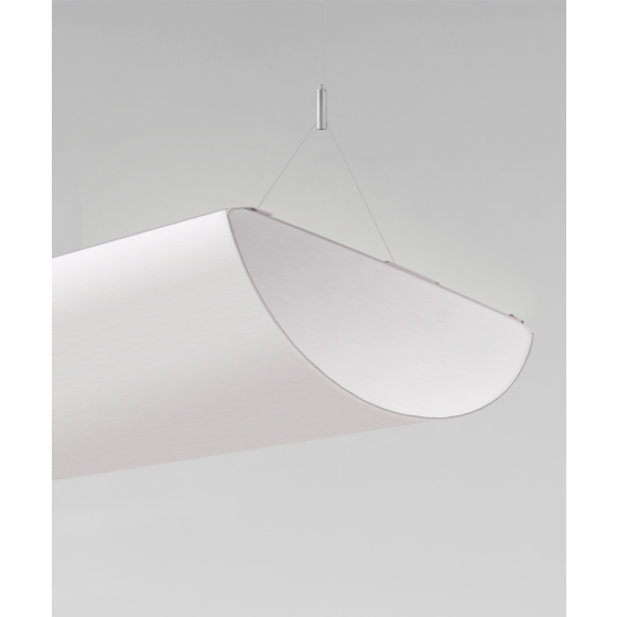 Alcon 10119-P, suspended half-moon linear pendant light shown in white finish and with up-lit lens.