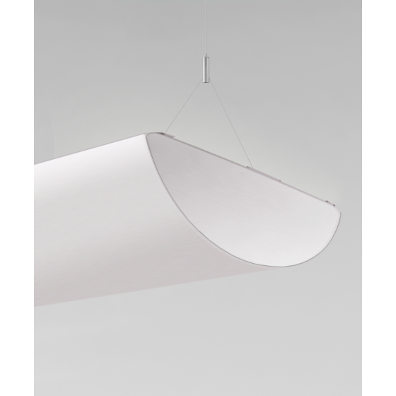 Alcon 10119-P, suspended half-moon linear pendant light shown in white finish and with up-lit lens.