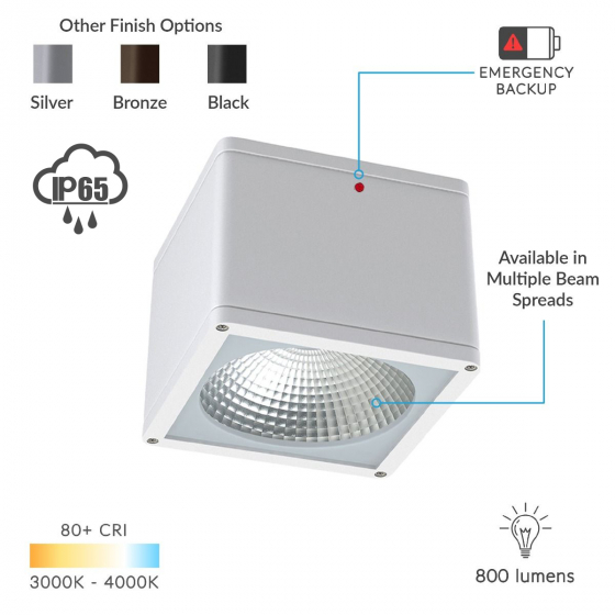 Alcon 11224-IEM Pavo Architectural LED 6 Inch Square Ceiling Light with Internal Emergency Backup