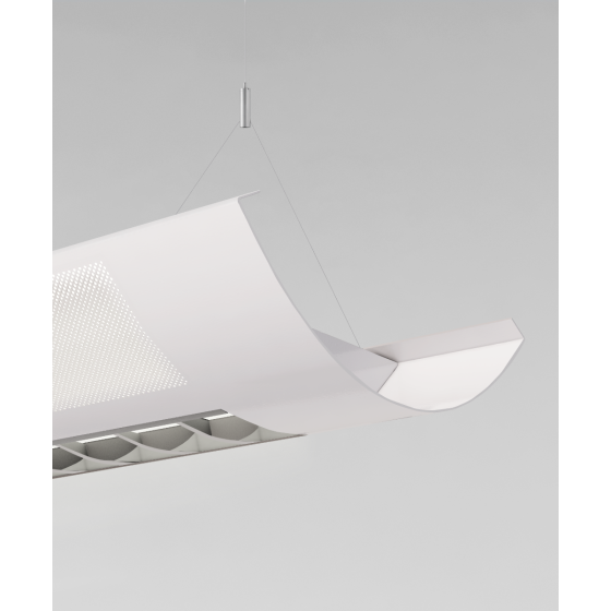 Alcon 12030-P-VE half-moon shaped suspended pendant light shown in white finish with perforated side lights and central curved louvered lens.