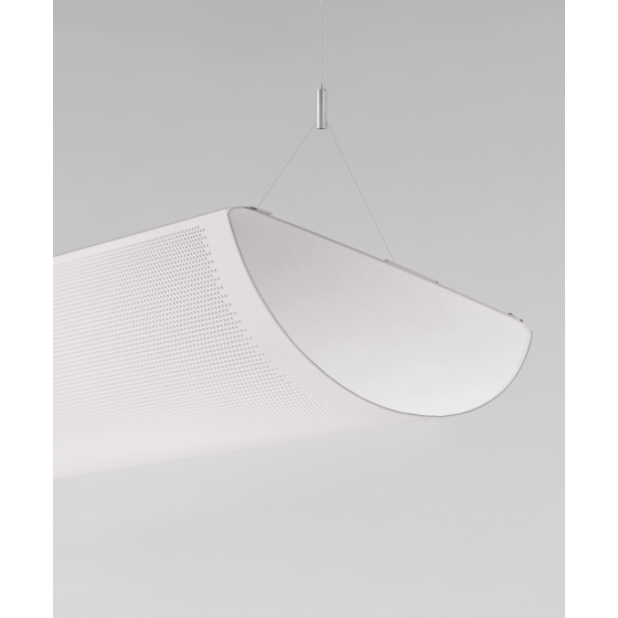 Alcon 12033-P-VE half-moon shaped suspended pendant light shown in white finish with wrapping curved perforated lens.