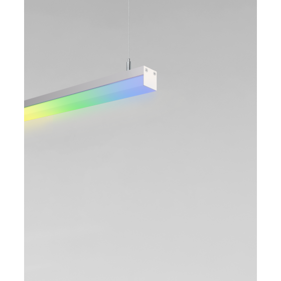 12100-10-P-RGBW suspended color changing pendant light shown with silver finish and side-wrapping lens