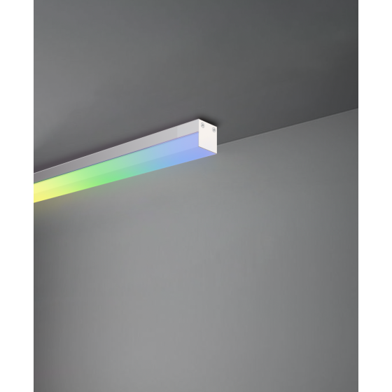 Alcon 12100-10-S-RGBW, surface linear ceiling light shown in silver finish, a flush trim-less lens, and color changing capabilities.