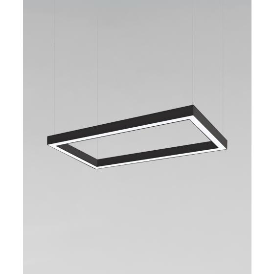 12100-20-RC-P, rectangular shaped suspended pendant light shown with black finish and flush lens