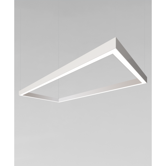 12100-20-RC-P, rectangular shaped suspended pendant light shown with white finish and flush lens