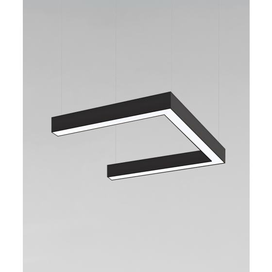 12100-20-U-P, U shaped suspended pendant light shown with black finish and flush lens