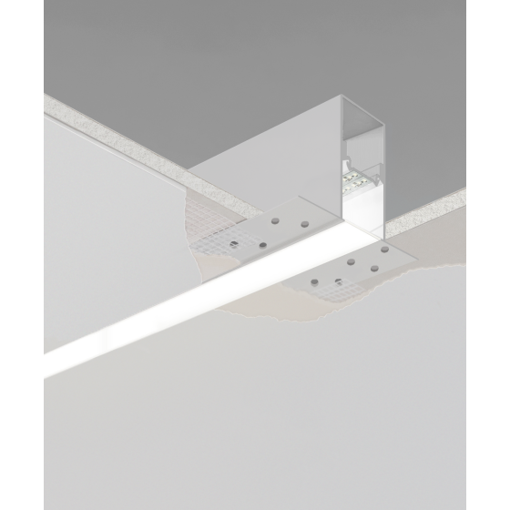 Alcon 12100-20-R, recessed linear ceiling light shown in white finish and with a flush trim-less lens.