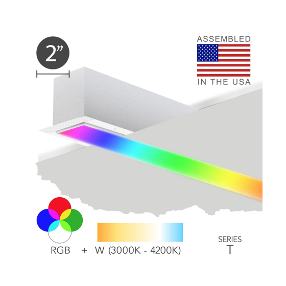 Alcon 12100-20-R-RGBW, recessed linear ceiling light shown in white finish, with a flush trim-less lens, and color changing capabilities. 