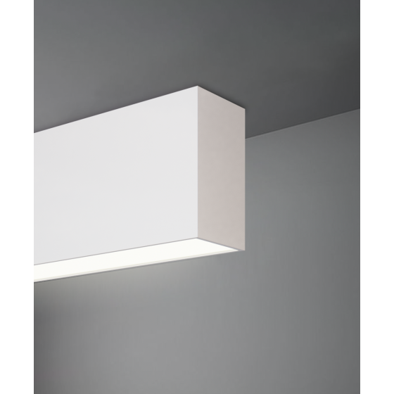 Alcon 12100-20-S, surface linear ceiling light shown in white finish and with a flush trim-less lens.