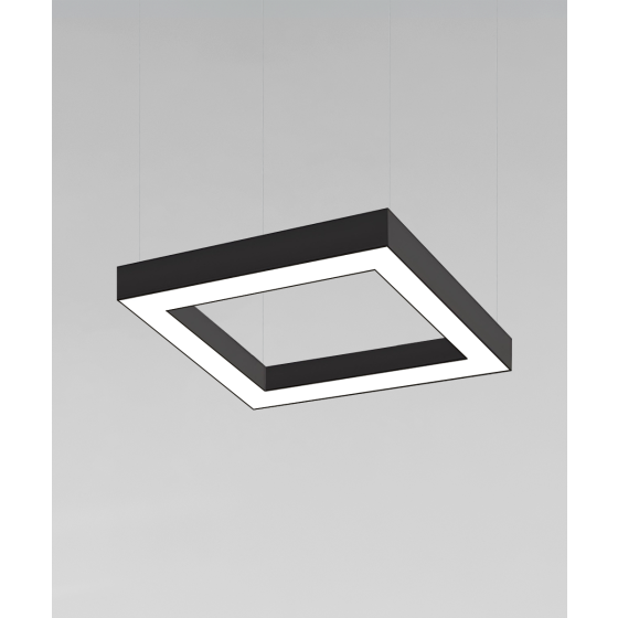 Alcon 12100-40-SQ-P, suspended commercial rectilinear pendant light shown in black finish and a square shape.