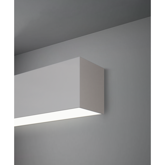 Alcon 12100-40-W, surface mount linear wall light shown in silver finish and with a flush trimless bottom lens.