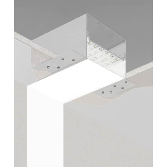 Alcon 12100-66-R-CW, recessed linear ceiling to wall light shown in white finish and with a flush trim-less lens.