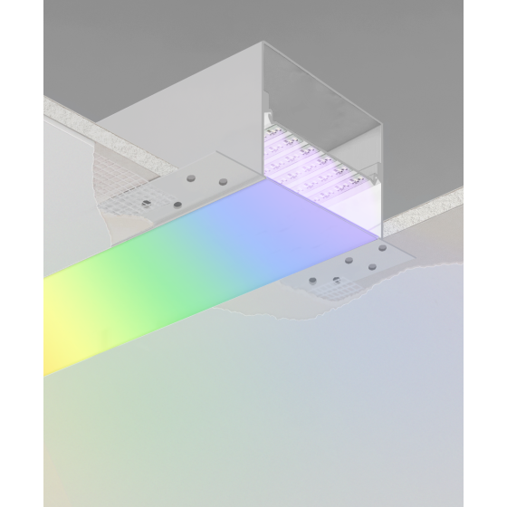 Alcon 12100-66-R-RGBW, recessed linear ceiling light shown in white finish, with a flush trim-less lens, and color changing capabilities. 