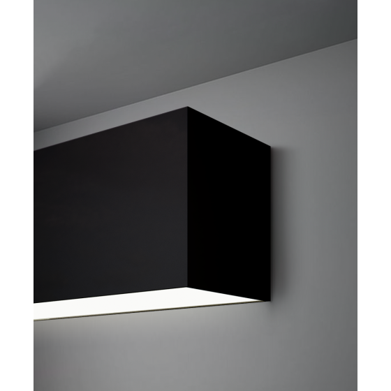 Alcon 12100-66-W, surface mount linear wall light shown in black finish and with a flush trimless bottom lens.