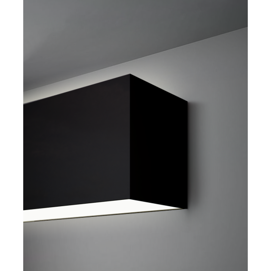 Alcon 12100-66-W-WW, surface mount linear wall light shown in black finish and with a flush trimless top and bottom lens for uplighting and downlighting