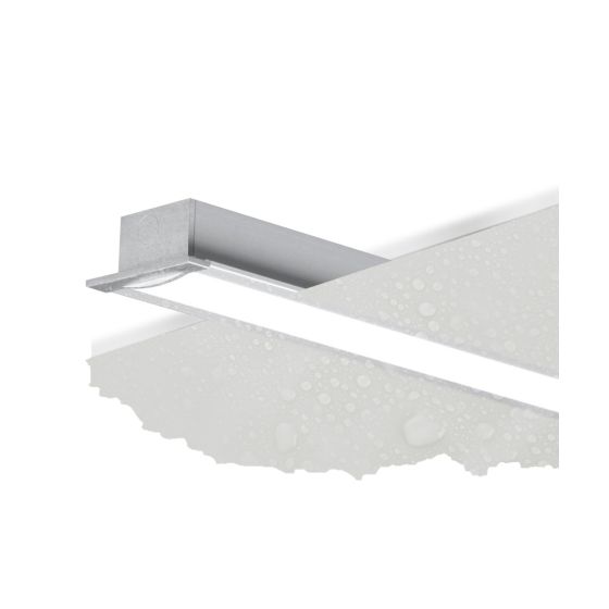 The 12100-24-R wet-location recessed linear LED light shown with a silver finish and a flush lens in a wood ceiling