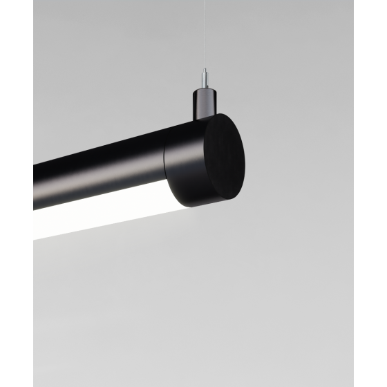 Alcon 12100-R2-P, round suspended pendant light shown in satin black finish and with a flushed curved lens.