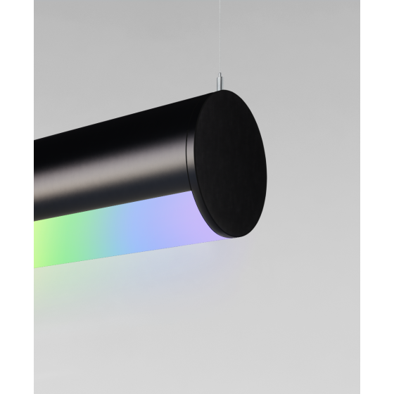 Alcon 12100-R4, round pendant light shown in satin black finish and with a flushed, curved lens, and color changing capability.