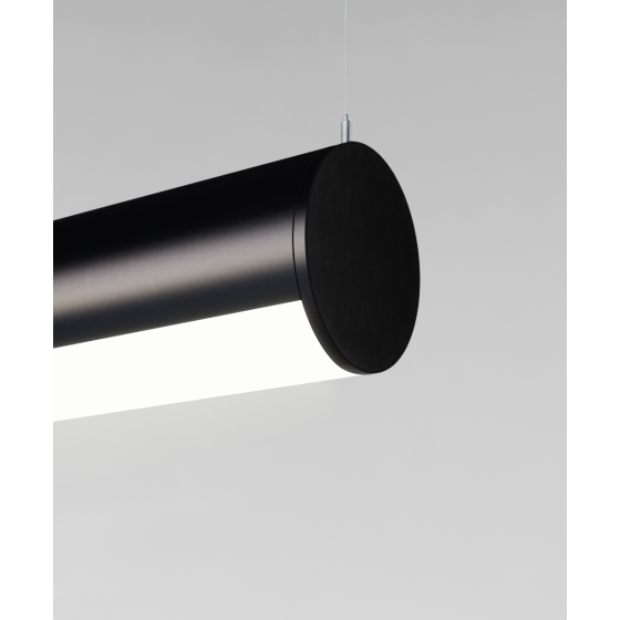Alcon 12100-R4, round pendant light shown in satin black finish and with a flushed, curved lens.
