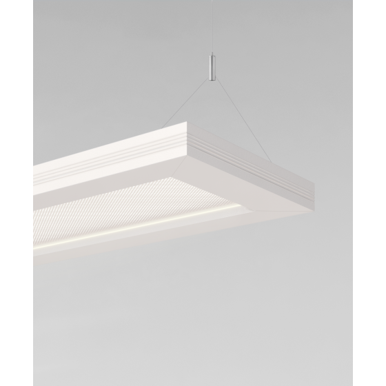 Alcon 12112-P, slim rectangular pendant light shown in white finish with Y-cable suspension and glare resistant  lens.