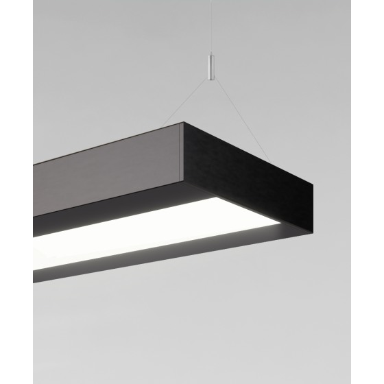 Alcon 12113-P, rectangular prism shaped suspended pendant light shown in satin black finish and with an inset, central flushed lens.