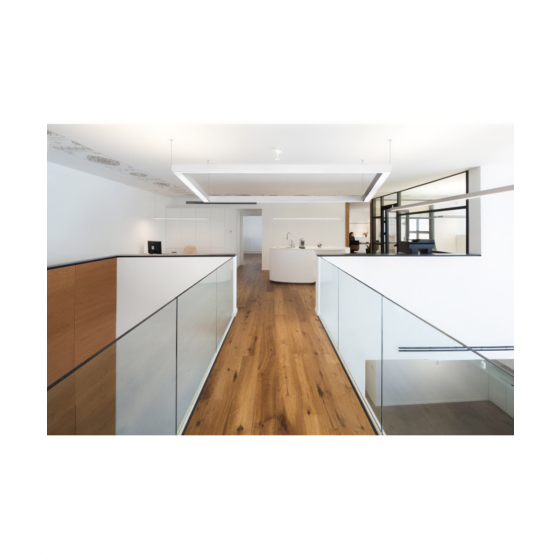 12100-20-SQ-P, square shaped suspended pendant light shown with white finish and flush lens