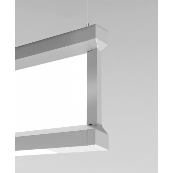 Alcon 12138-p, Thin framed linear pendant light shown in silver finish and with a flushed, center panel lens.