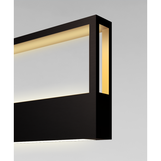Alcon 12142-P, suspended linear pendant light shown in black exterior finish, gold interior finish, bottom flushed lens, and an up-facing mid-point lens.