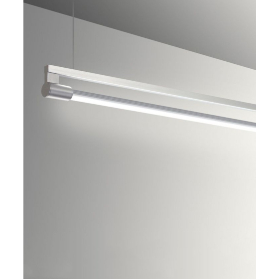 Alcon 12160-P, suspended linear pendant light shown in silver finish and with a rotating cylindrical half-lite lens.