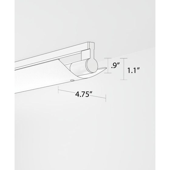 Alcon 12160-PDI-S, surface linear ceiling light shown in silver finish, a tubular half-lit trim-less lens, and a wide curved perforated lens cap.