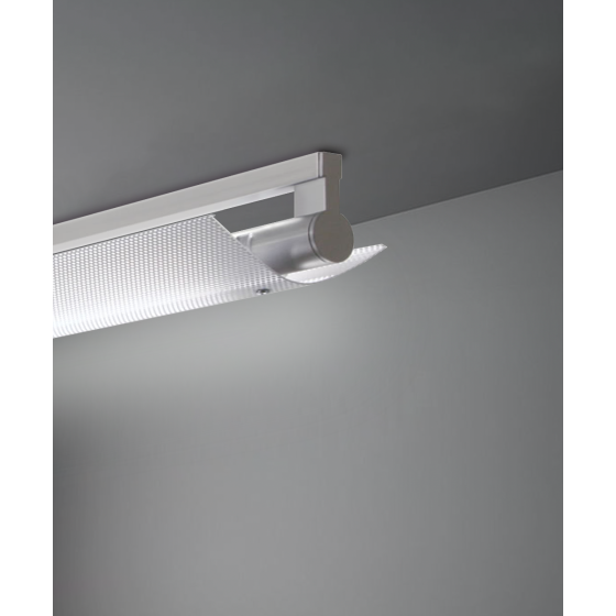 Alcon 12160-PDI-S, surface linear ceiling light shown in silver finish, a tubular half-lit trim-less lens, and a wide curved perforated lens cap.