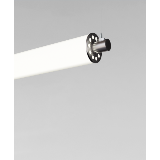 Alcon 12168-1-H-P, suspended linear pendant light shown in silver finish and with a central cylindrical lens.